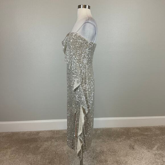 Aidan Mattox Sequined One Shoulder Ruffled Sheath Cocktail Dress Silver Size 12 - Picture 5 of 14